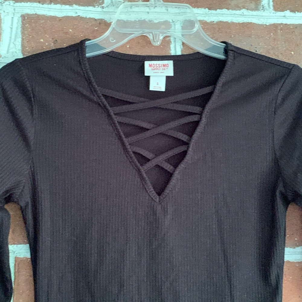 Mossimo Black Ribbed V Neck Long Sleeve Shirt (S) - Picture 2 of 7